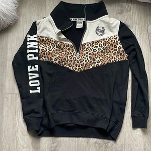 Small, VS Pink pullover half zip up hoodie. Black with cheetah print at top.